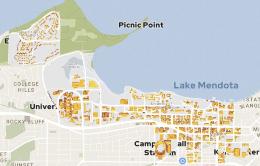 Map of the UW-Madison campus showing the solar energy potential of rooftops using Google Project Sunroof. Yellow areas represent buildings with higher solar energy potential.
